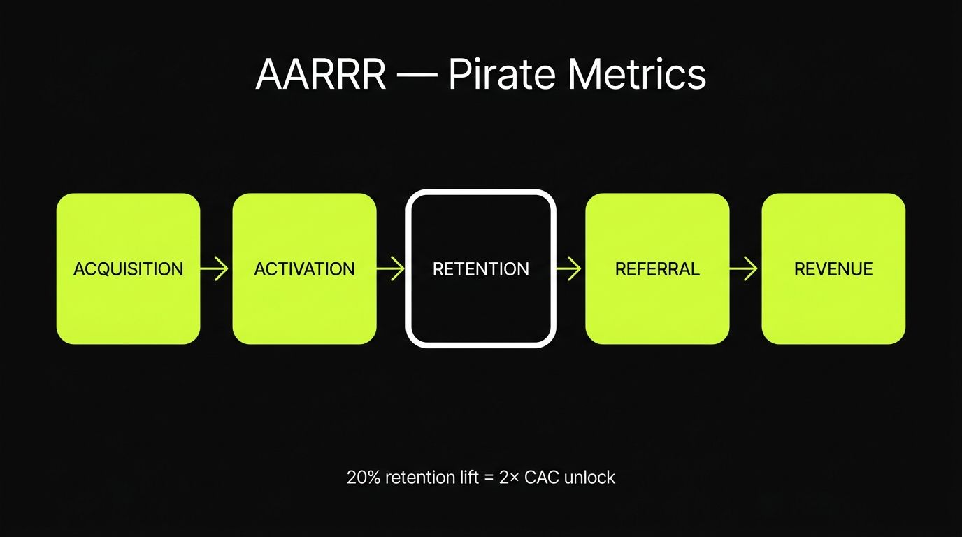 AARRR Pirate Metrics — five-stage funnel with retention highlighted