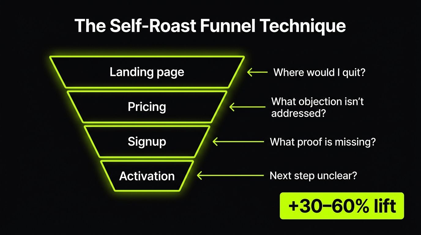 The self-roast funnel technique — walk through your own funnel as a skeptical buyer